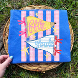 Grade School Pennant DTF Heat Transfer, colorful fabric with pink and blue checkered and striped patterns and decorative pennants labeled 'fifth' and 'grade'