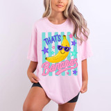 That's Bananas DTF Heat Transfer, colorful cartoon banana wearing sunglasses on pink t-shirt.