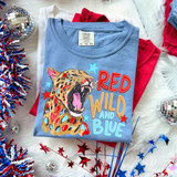 Red White And Blue Jaguar DTF Heat Transfer, colorful jaguar graphic with roaring face and stars on a blue T-shirt.