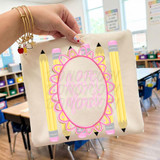 Coquette Grade School DTF Heat Transfer, educational design with pink frame, pencils, and 'fifth grade' text on fabric bag