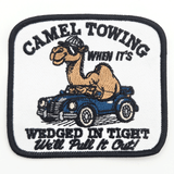 Camel Towing Hat Patch 3.5 x 3 inches, embroidered patch featuring a camel with sunglasses on a blue towing car with text 'Camel Towing' and 'Wrecked in Tight'.