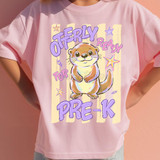 Otterly Ready Grade School DTF Heat Transfer, colorful cartoon otter design on pink T-shirt for pre-kindergarten kids
