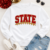State Football Laces Embroidered Chenille Patch, a red and gold embroidered patch featuring the word 'STATE' with football laces design, placed on a white sweatshirt.