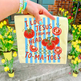 I Love Jesus From My Head To-Ma-Toes DTF Heat Transfer, colorful design with tomatoes and playful lettering on fabric.