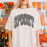 Polka Dot Spooky Coquette DTF Heat Transfer, Halloween-themed black and white polka dot design on a white T-shirt reading 'SPOOK' with bows and dotted outlines.