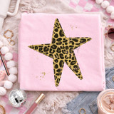 Leopard Retro Star DTF Heat Transfer, pink fabric with a gold and black leopard print star design.