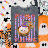 Spooky Dumpling DTF Heat Transfer, Halloween-themed design featuring a glowing pumpkin with a cute face, witch hat, and Halloween decorations on a gray T-shirt.