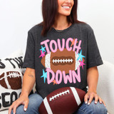 Touchdown Stars DTF Heat Transfer, colorful football-themed graphic on a woman's t-shirt