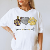 Peace Love Cats DTF Heat Transfer, creative t-shirt design with peace symbol, glitter gray heart, and golden paw print and paw pad motifs.