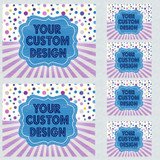 BAGS Custom DTF Transfers - BUILD YOUR OWN GANG SHEET, image of customizable transfer sheets with a blue decorative label area for a custom design, featuring a polka dot and striped background in purple, white, pink, and blue colors.