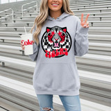 Red Tigers Mascot DTF Heat Transfer, a bold and colorful tiger mascot design on a light gray hoodie with a checkerboard background, featuring the word 'TIGERS' in red letters.