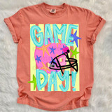 Retro Game Day DTF Heat Transfer, colorful design featuring text 'Game Day' with a football helmet and star accents on a pink T-shirt.