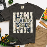 Sports Star Grade Level DTF Heat Transfer, a sports-themed design with baseball, football, and helmet graphics on a dark gray T-shirt.