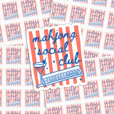 Mahjong Social Club Vinyl Sticker Sheet, Waterproof & Weatherproof, featuring a design with a cocktail glass, Mahjong tiles, and text in blue on a striped red and white background.