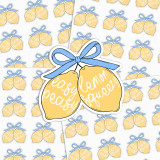 Easy Peasy Lemon Squeezy High-Quality Vinyl Sticker Sheets, featuring lemon-shaped stickers with blue bows and 'easy peasy squeezy' text, on a patterned background.