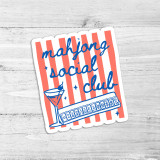 Mahjong Social Club Die Cut Vinyl Sticker, colorful sticker featuring Mahjong tiles, a cocktail glass, and the text 'mahjong social club' on a striped background.