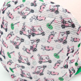 Pink & Green Striped Bill Golf Mesh Cotton Hat, colorful mesh hat with pink, green, and black striped pattern and breathable fabric.