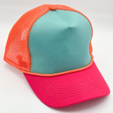 Aqua, Hot Pink & Orange Colorblock Mesh Trucker Hat, colorful mesh and fabric trucker cap with bright aqua front panel, hot pink brim, and orange mesh back