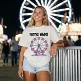 Ferris Wheel DTF Heat Transfer, colorful illustration of a ferris wheel printed on a white T-shirt worn by a smiling young woman at an amusement park.