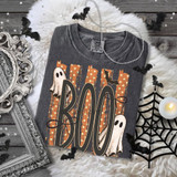 Boo Polka Dot Stripes DTF Heat Transfer, Halloween-themed design on a gray T-shirt with ghosts and bats.