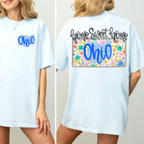 Home Sweet Home Floral State License Plate SET DTF Heat Transfer, colorful floral design with Ohio state outline and license plate details on a light blue T-shirt.