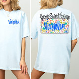 Home Sweet Home Floral State License Plate SET DTF Heat Transfer, product image showing a woman wearing a light blue T-shirt with Virginia text on front and a colorful floral license plate design on back.