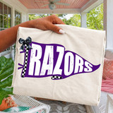 Pennant Teams DTF Heat Transfer, custom printed flag-shaped design with bold purple text and checkered accents, attached to a towel or fabric item.