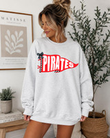 Pennant Teams DTF Heat Transfer, red and white pirate flag design on a gray sweatshirt worn by a woman.