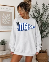 Pennant Teams DTF Heat Transfer, mock-up on woman wearing a grey sweatshirt with 'Tigers' design in blue and black with ribbon detail.