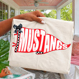 Pennant Teams DTF Heat Transfer, red and white distressed text on a flag-shaped pennant with black and white checkered details and a black ribbon bow, featuring the word 'MUSTANGS'