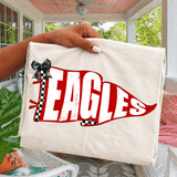 Pennant Teams DTF Heat Transfer, embroidered design on fabric featuring the word 'EAGLES' in bold red and white with a checkered flag accent and a black bow, for sports team merchandise.