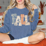 Fall Patchwork DTF Heat Transfer, a colorful patchwork design on a blue sweatshirt with the word 'FALL' in bold letters.