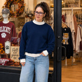 Blank Mockneck Sweatshirt — Preorder | Multiple Colors, woman wearing a navy mockneck sweatshirt with white cuffs and collar, stylish casual wear.