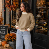 Blank Mockneck Sweatshirt — Preorder | Multiple Colors, woman wearing beige mockneck sweatshirt in fall outdoor setting with pumpkins and autumn leaves.