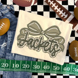 Camo Bow School Mascot DTF Heat Transfer, custom heat transfer design with bow and script text, suitable for school apparel and accessories.