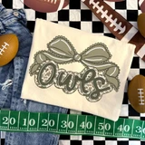 Camo Bow School Mascot DTF Heat Transfer, beige fabric with a camouflage bow and the word 'Ours' in script