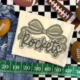 Camo Bow School Mascot DTF Heat Transfer, sports-themed decal featuring a bow and the word 'rockets' with footballs and checkered background