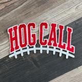 Hog Call Football Laces Embroidered Chenille Patch, red and white patch with stitched football laces design for sports apparel or accessories.