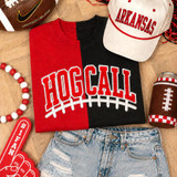 Hog Call Football Laces Embroidered Chenille Patch, football-themed apparel and accessories including a t-shirt with embroidered hog call, a Arkansas cap, a football-shaped drink cozy, and football decor.