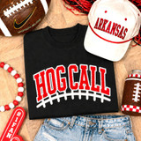 Hog Call Football Laces Embroidered Chenille Patch, featuring red and white embroidery on black fabric.