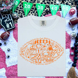Football Doodle CHOOSE YOUR COLOR DTF Heat Transfer, illustrated football-themed doodle design on a white T-shirt.