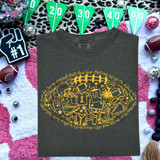Football Doodle CHOOSE YOUR COLOR DTF Heat Transfer, a dark gray T-shirt with a yellow football-themed doodle design, surrounded by sports and celebration items.
