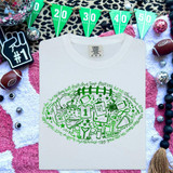 Football Doodle CHOOSE YOUR COLOR DTF Heat Transfer, green doodle football-themed graphic design on a white T-shirt.
