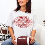 Football Doodle CHOOSE YOUR COLOR DTF Heat Transfer, red outlined football-themed doodle design on a white T-shirt.
