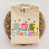 Coffee & Jesus DTF Heat Transfer, colorful and illustrated design of three coffee cups with uplifting messages and decorative elements.
