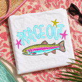Peace Out Trout DTF Heat Transfer, colorful cartoon trout fish on a white t-shirt with the text peace out and star graphics, summer beach setting with pink towel, sunglasses, and palm leaves.