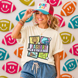 Retro Mascot Collage DTF Heat Transfer, colorful football and sports team-themed design featuring a jaguar, helmet, football, and stars on a woman's white T-shirt, with footballs and smiley face decorations in the background.
