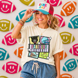 Retro Mascot Collage DTF Heat Transfer, vibrant colorful design with football, panther mascot, and football elements on a woman's t-shirt, against a backdrop of football-shaped wall decorations.