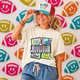 Retro Mascot Collage DTF Heat Transfer, colorful football-themed collage featuring a bulldog, football helmet, football, and pennant with 'Bulldogs Football' text and star accents.