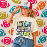 Retro Mascot Collage DTF Heat Transfer, colorful cartoon-style football and sports-themed design on a woman's t-shirt.